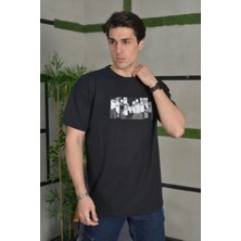 Tarz Yeri Bisiklet Yaka Baskılı Oversize T-Shirt - Siyah -