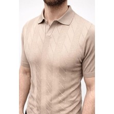Erkek Yazlık Triko Dokuma Tişört Kısa Kol Polo Yaka T-Shirt - Bej