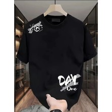 Hsc Bilişim 20/1 Penye Compack Day One Baskılı Oversize Bisiklet Yaka T-shirt - Siyah -