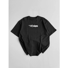 Tarz Yeri 20/1 Penye Compack   Baskılı Oversize Bisiklet Yaka Kısa Kol Yazlık T-shirt - Siyah -