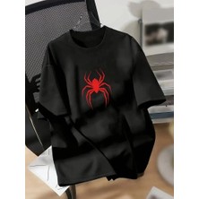 Tarz Yeri 20/1 Penye Compack Spider Baskılı Oversize   Kısa Kol Yazlık T-shirt - Siyah -
