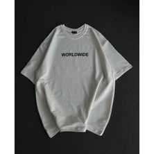 Fi Labels Bisiklet Yaka Baskılı Oversize T-Shirt - Beyaz -