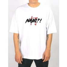 Tarz Yeri Bisiklet Yaka Baskılı Oversize T-Shirt - Beyaz -