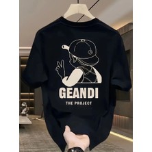 Tarz Yeri Geniş Kesim Pamuklu Tişört - "GANDHI The Project" Baskılı,- Siyah -