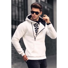 Madmext Beyaz Kapüşonlu Sweatshirt Erkekler İçin Fermuar Detaylı Modern Tasarım