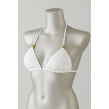 Çamaşır Kenti Beyaz Pedli Üçgen Bikini Üstü Halter Bağlamalı Aksesuarlı Esnek Kumaş Kadın Mayo Üstü