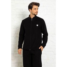Pijama Evi Siyah Önden Fermuarlı Uzun Kollu Polar Erkek Pijama Takımı