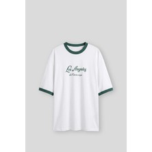 Abluka Online Erkek Süper Oversize La Baskılı Kontrast Yaka T-Shirt Beyaz