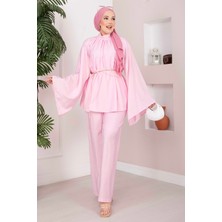 Ebru Tesettür Şık Kolyeli Tunik Pantolon Takım Pembe