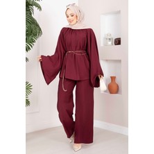 Ebru Tesettür Şık Kolyeli Tunik Pantolon Takım Bordo