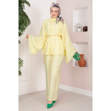 Ebru Tesettür Şık Kolyeli Tunik Pantolon Takım Sarı