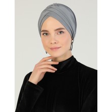 Mervin Şal Çapraz Üç Bantlı Hazır Türban  Polyester Gri