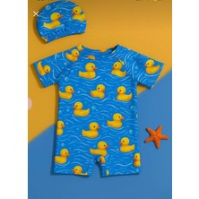 İlsu Home Çocuk Unisex Tulum Mayo Ördek Kostüm Desenli Arkadan Fermuarlı Bone Hediyeli Esnek ve Rahat 1-5 Yaş