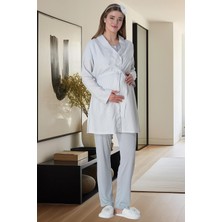 Mecit Pijama Mecit 6001 Gri Çizgili Sabahlıklı Lohusa Pijama Takımı