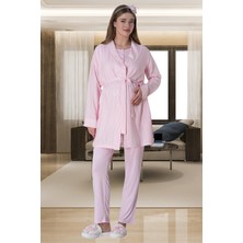 Mecit Pijama Mecit 6001 Pembe Çizgili Sabahlıklı Lohusa Pijama Takımı