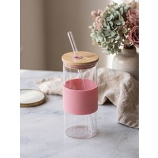 Tohana Bambu Kapaklı Cam Pipetli Kupa 400 Ml 1 Adet Gri