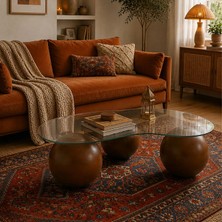 Edsy Home Elite Orta Sehpa & Top Sehpa & Küre Sehpa & Fasulye Cam Sehpa Kahverengi