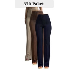 Thiff Gymwear Kadın Palazzo Pantolon 3’lü Set – Bej Kahverengi Lacivert, Krep Likralı, Yüksek Bel Jogger Kesim