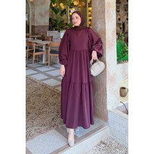 Lamelif Balon Kol Katlı Yazlık Elbise Mürdüm