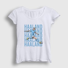 Presmono Kadın Beyaz Pop Art Erling Haaland Futbol T-Shirt