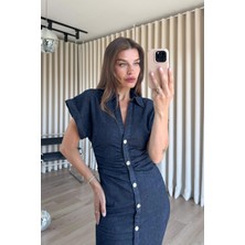 Sue Store Lacivert Beli Drapeli Kısa Kollu Denim Gömlek Elbise