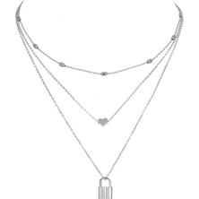 Nkie Jewels Gümüş Rengi Kilit ve Kalp Charm Katmanlı Kolye