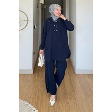 Tesettür Diyarı Tulas Aeorbin Kumaş Dik Yaka Tunik-Pantolon Tesettür Takım- Lacivert