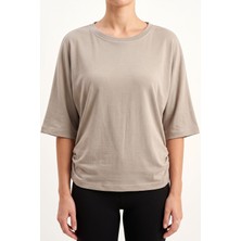 Hadiora Kadın Vizon Yandan Büzgülü Yarasa Kol Pamuklu T-Shirt