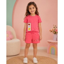 KR Kids Kız Çocuk Pembe Kısa Kollu Tişört ve Şort Takımı Çiçek Detaylı Yazlık Günlük Takım