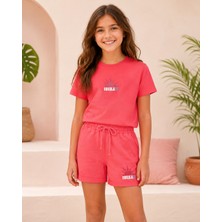 KR Kids Kız Çocuk Pembe Kısa Kollu Tişört ve Şort Takımı Ibiza 97 Sun Journey Baskılı Yazlık Günlük Takım