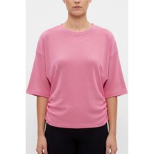 Hadiora Kadın Pembe Yandan Büzgülü Yarasa Kol Pamuklu T-Shirt