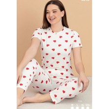 Yare Beyaz Kırmızı Kalp Motifli Pijama Alt Üst