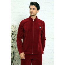 Pijama Evi Bordo Önden Fermuarlı Uzun Kollu Polar Erkek Pijama Takımı