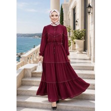 Harma Time Butik Kadın Düğmeli Dantel Detaylı Beli Bağcıklı Ayrobin Bordo Elbise