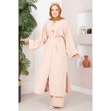 Ebru Tesettür Gold Broşlu Uzun Tunik Pantolon Takım Bej