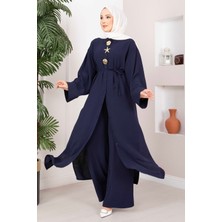 Ebru Tesettür Gold Broşlu Uzun Tunik Pantolon Takım Lacivert