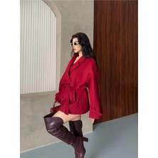 Zf Butik Kadın Kısa Kaşe Kaban Bordo Kuşaklı Apolet Detaylı