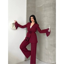 Zf Butik Kadın Takım Elbise Gül Aksesuar Detaylı Bordo