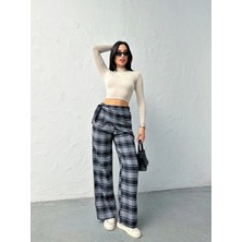Zf Butik Kadın Ekose Bol Paça Pantolon Yüksek Bel Gri