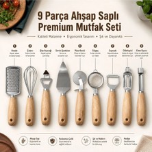 Myplas 9 Parça Ahşap Saplı Premium Mutfak Seti Paslanmaz Çelik Rende Çırpıcı Soyacak Pizza Kesici Süzgeç Açacak Seti
