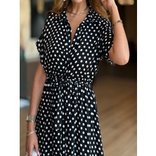 Menthol Fashion Önden Düğmeli, Kuşaklı, Puantiyeli Elbise