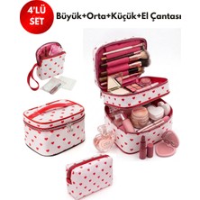 NS Reliable 4’lü Set Makyaj ve Kozmetik Seyahat Çantası - Su Geçirmez Düzenleyici Valiz Içi Organizer-Kalp Desenli
