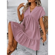 Defy Moda Kadın Kısa Kollu V Yakalı Fırfırlı Kısa Elbise