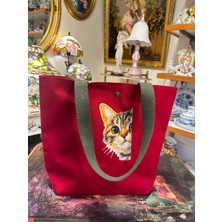 elisss bag Duck Keten Pamuk Kumaş Kedi Figürlü Kırmızı Çıtçıtlı Piknik Çantası Plaj Çantası Bebek Çantası Günlük Çanta