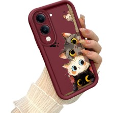 HONTINGA Vivo Y04 ile Uyumlu Kılıf Kamera Koruyucu Basitlik Anti Düşme Kamera Korumalı Kedi Bordo Desen Yumuşak Silikon Couple Telefon Kılıfı Kadın ve Erkek Için Uygundur K2-7418
