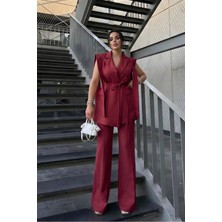 Zf Butik Kadın Alt Üst Ikili Takım Omuz Detaylı Kemerli Kolsuz Blazer Ceket Pantolon Takım
