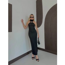 Zf Butik Halter Yaka Gold Tokalı Saten Elbise