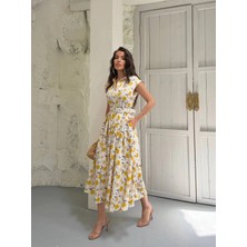 Zf Butik Kadın Çiçek Desenli Kemerli Midi Elbise