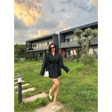 Zf Butik Kadın Oversize Blazer Ceket Siyah Bağlamalı