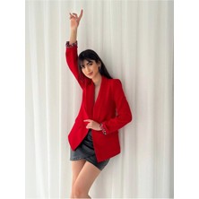 Zf Butik Kadın Bordo Blazer Ceket Kruvaze Yaka Cepli Desenli
